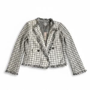 Nic+Zoe Black & White Grid Fringe Mix Knit Jacket Size Small NWT